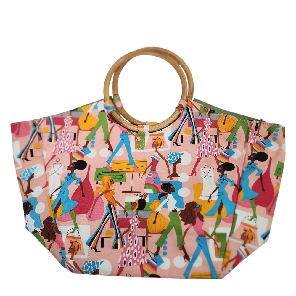 NEIMAN‎ MARCUS Tote Bag Womens Large Pink Canvas Bamboo Handle Cartoon People